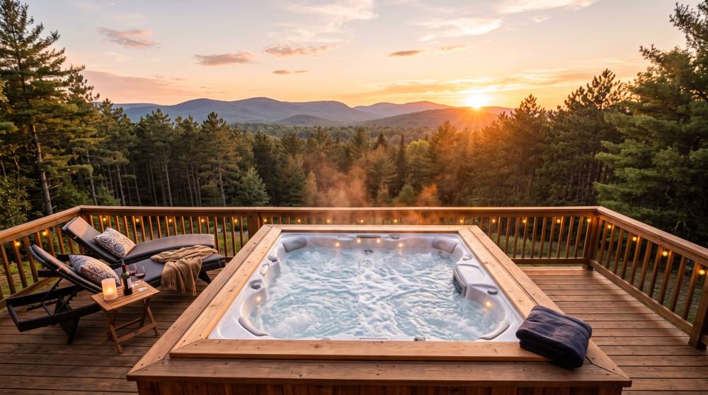 Hot tub bubbling on a wooden deck at sunset overlooking the Pocono mountains