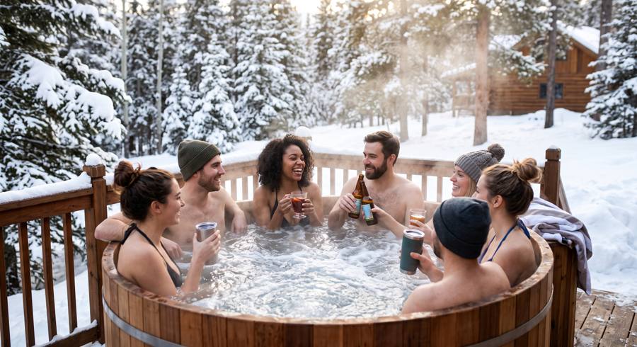 Friends relaxing in a steaming wooden hot tub surrounded by snow-covered pines at a Poconos cabin